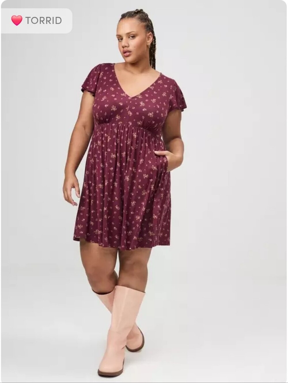 Torrid Burgundy Floral V-Neck Babydoll Mini Dress